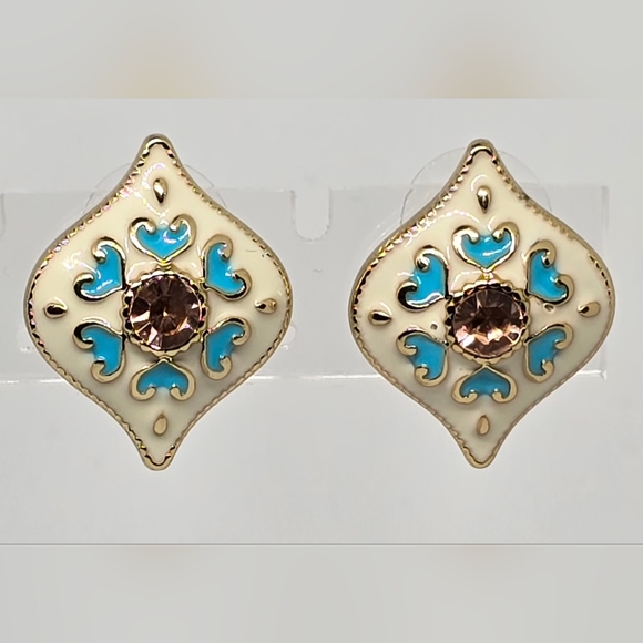 Vintage Style Enamel, Rhinestone Gold Tone Earrings - Picture 3 of 6